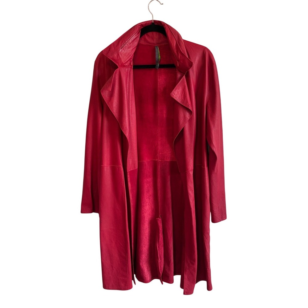 Milia M Red Leather Coat  Size 36 US 6 Duster Trench Open Front Draped